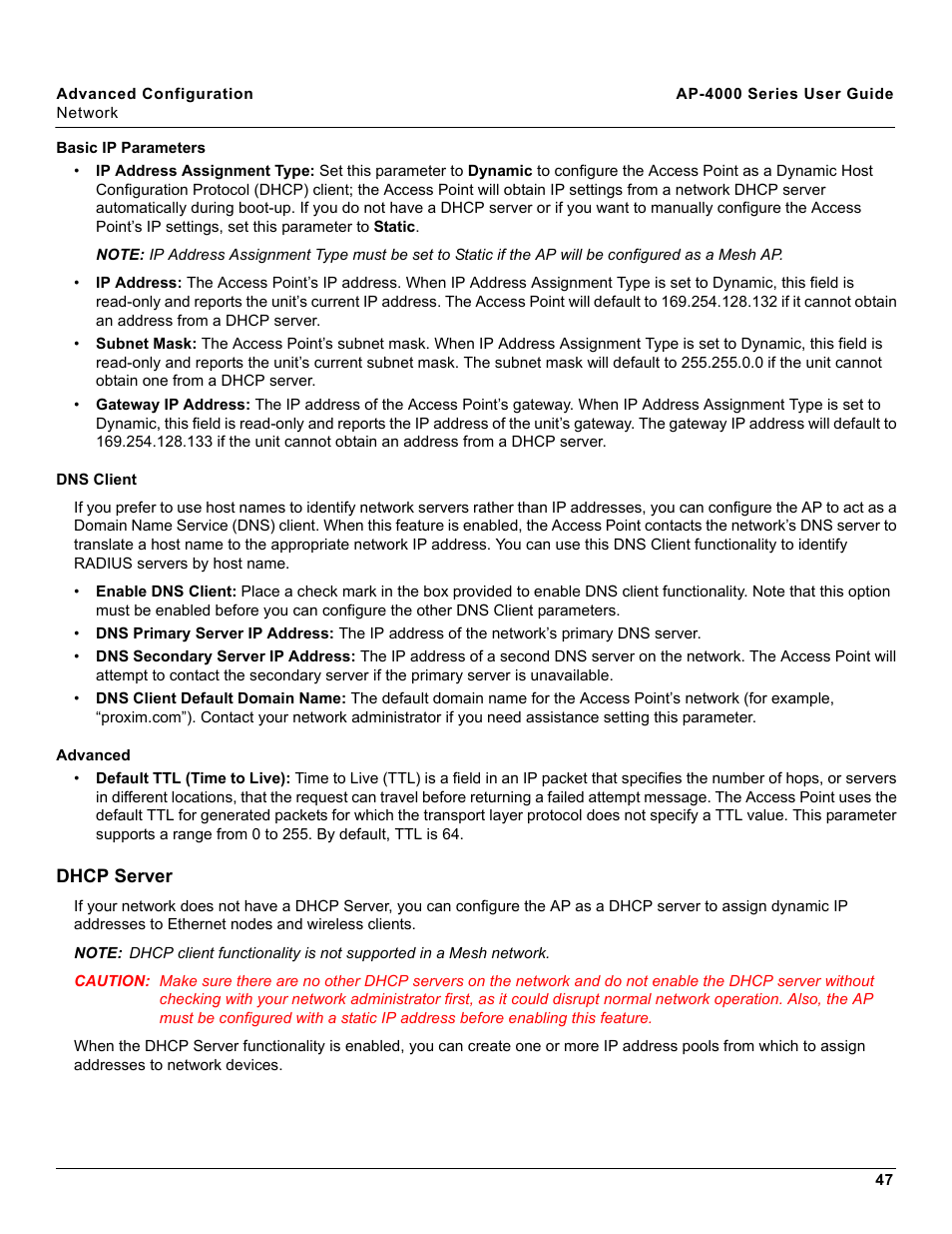 Basic ip parameters, Dns client, Advanced | Dhcp server, Basic ip, Parameters | Proxim AP-4000 User Manual | Page 47 / 235