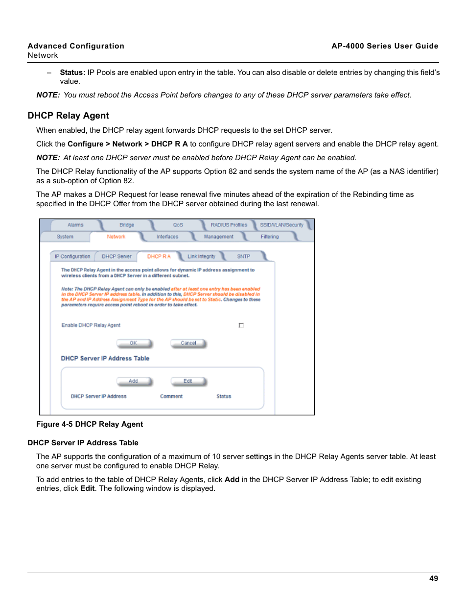 Dhcp relay agent, Dhcp server ip address table | Proxim AP-4000 User Manual | Page 49 / 235