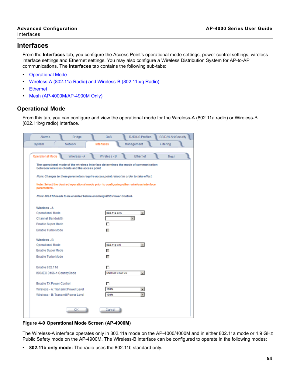 Interfaces, Operational mode | Proxim AP-4000 User Manual | Page 54 / 235