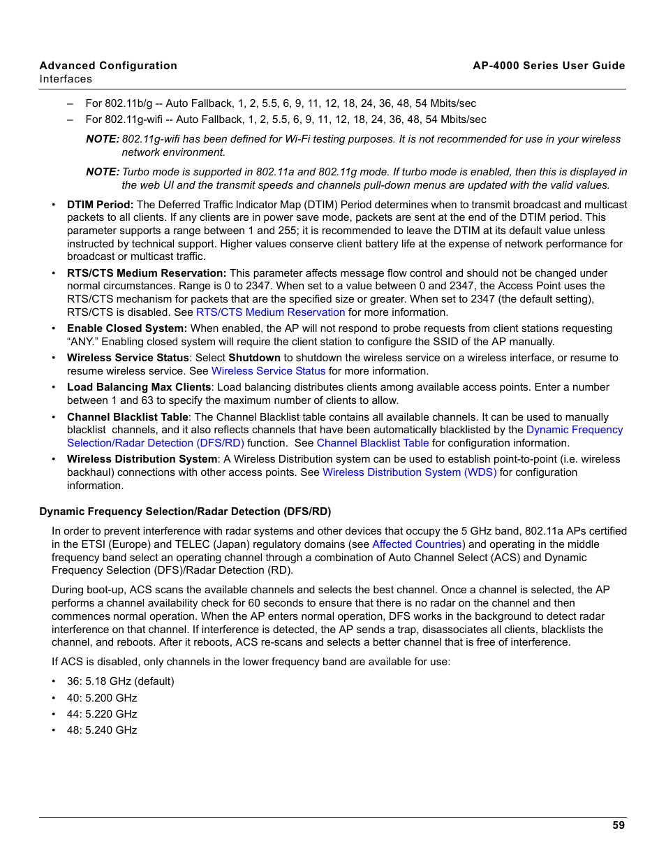 Dynamic frequency selection/radar, Detection (dfs/rd), Ain. see | Dynamic frequency, Selection/radar detection (dfs/rd) | Proxim AP-4000 User Manual | Page 59 / 235