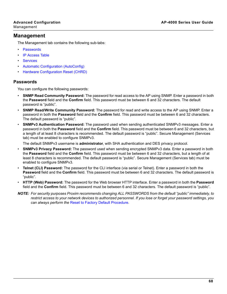 Management, Passwords | Proxim AP-4000 User Manual | Page 68 / 235