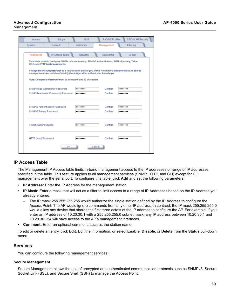 Ip access table, Services, Secure management | Ip access table services | Proxim AP-4000 User Manual | Page 69 / 235