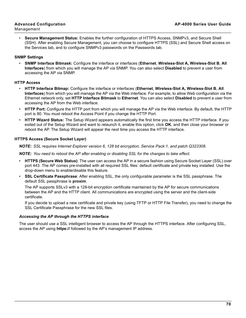 Snmp settings, Http access, Https access (secure socket layer) | Proxim AP-4000 User Manual | Page 70 / 235