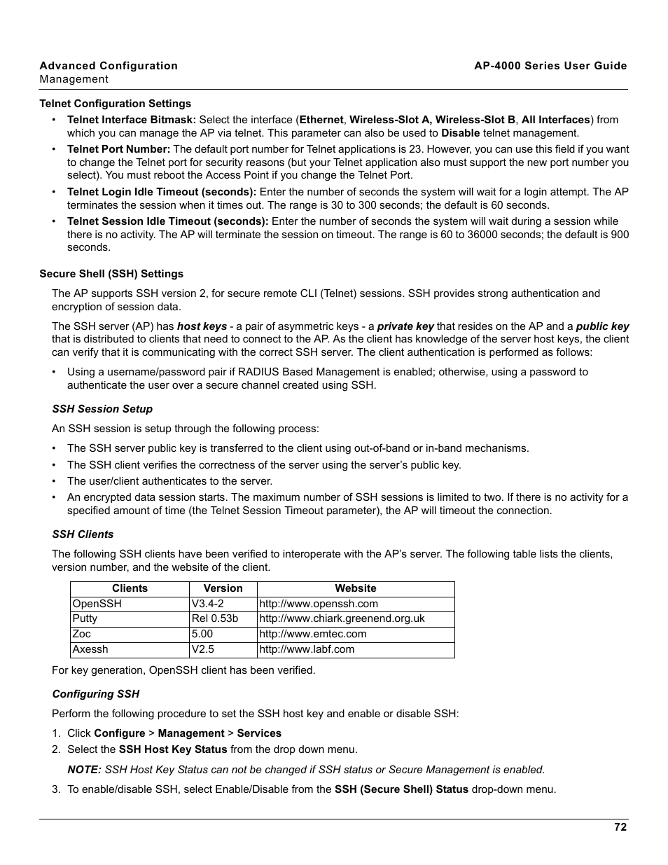 Telnet configuration settings, Secure shell (ssh) settings | Proxim AP-4000 User Manual | Page 72 / 235