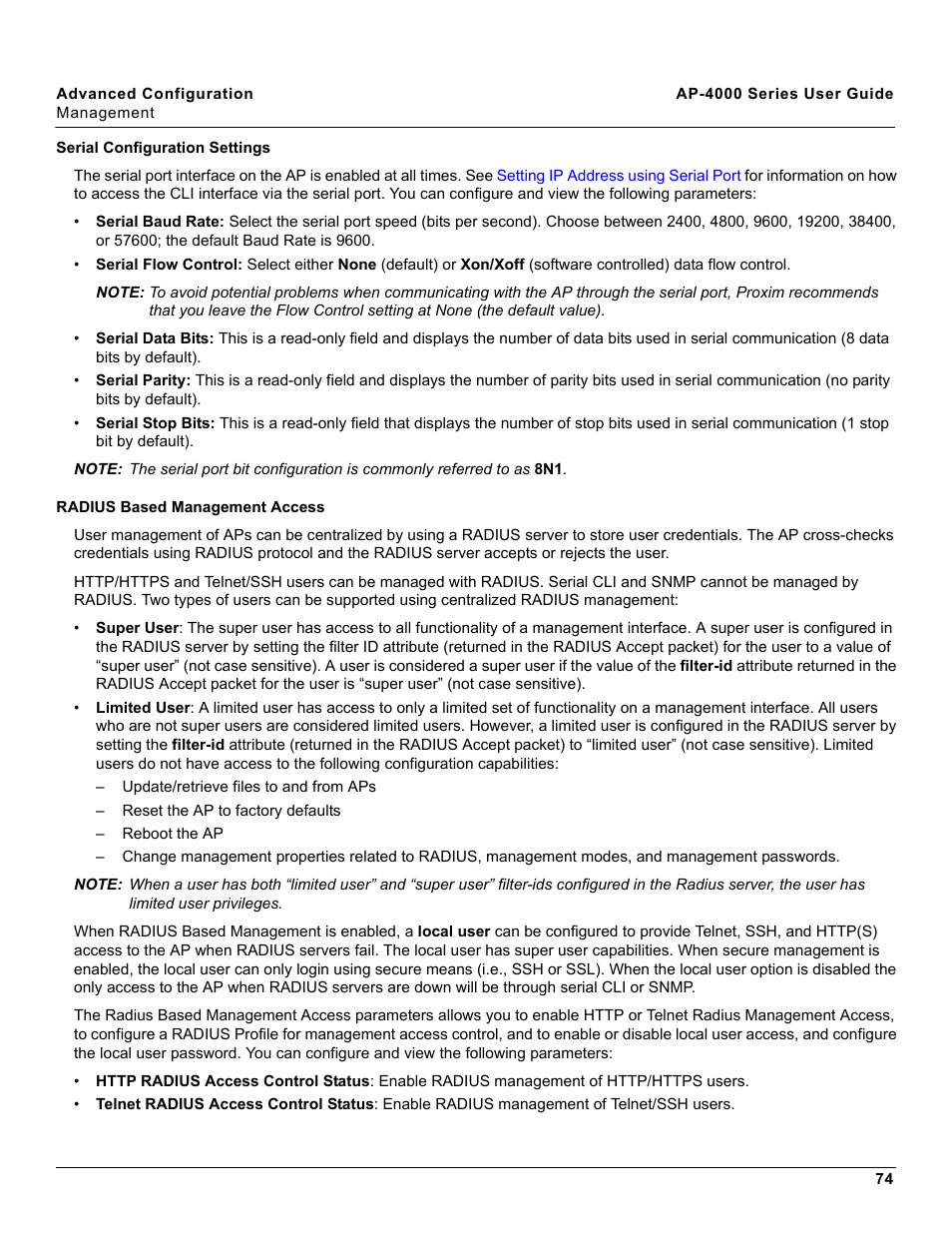 Serial configuration settings, Radius based management access | Proxim AP-4000 User Manual | Page 74 / 235