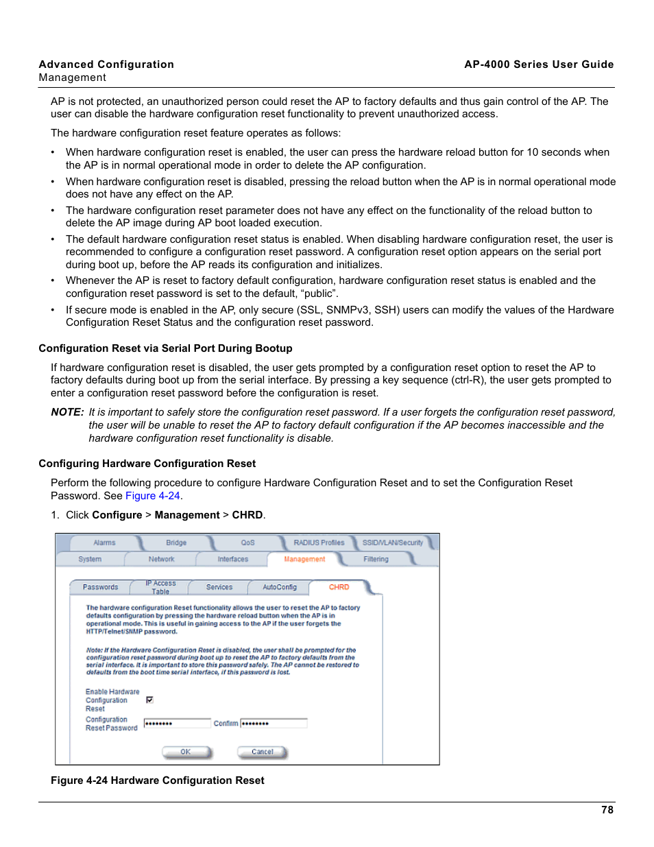 Configuration reset via serial port during bootup, Configuring hardware configuration reset | Proxim AP-4000 User Manual | Page 78 / 235