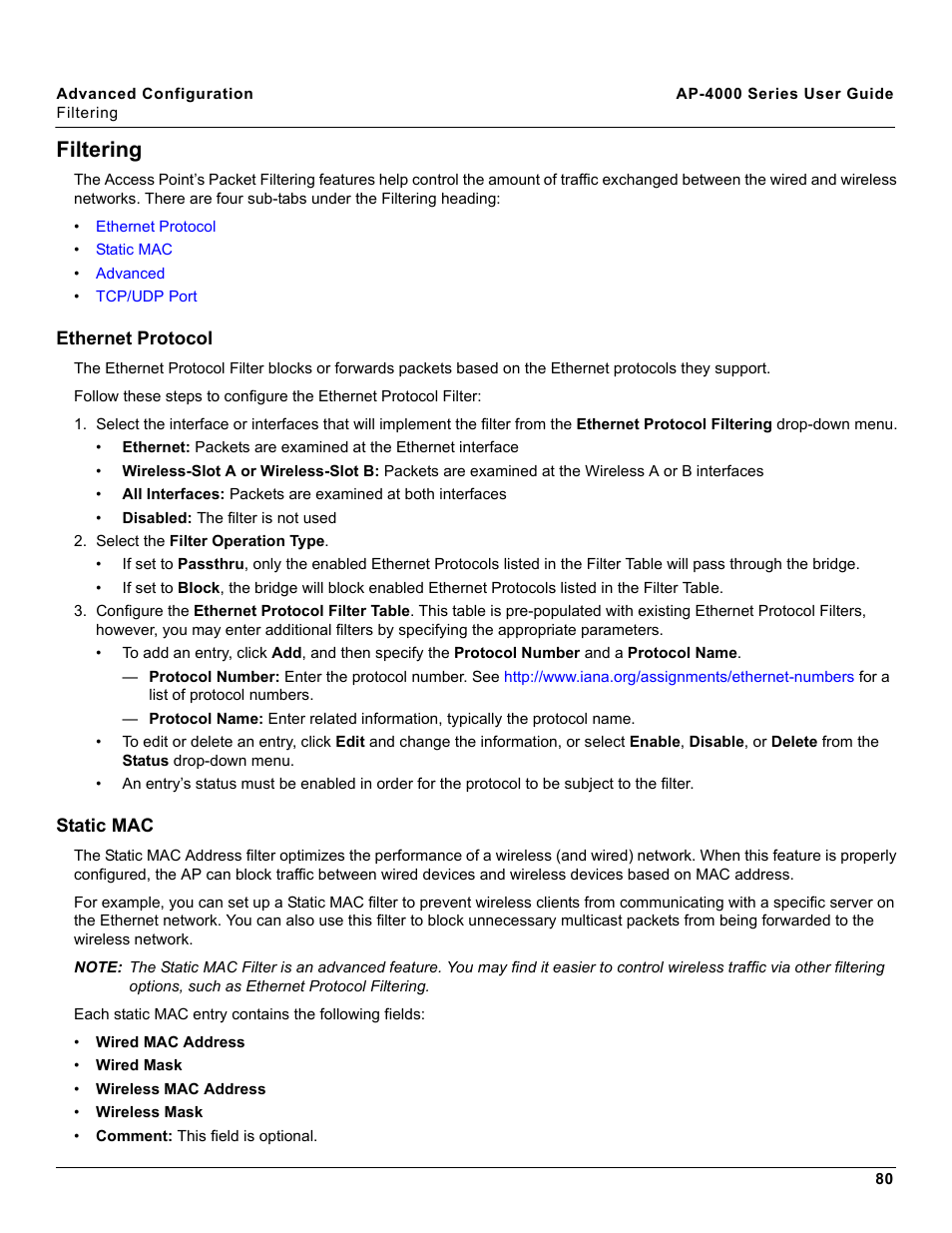 Filtering, Ethernet protocol, Static mac | Ethernet protocol static mac | Proxim AP-4000 User Manual | Page 80 / 235