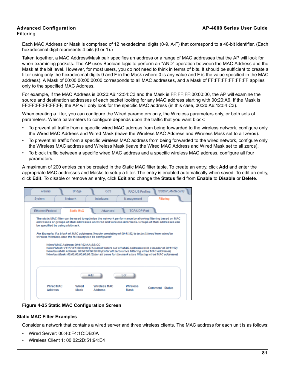 Static mac filter examples | Proxim AP-4000 User Manual | Page 81 / 235