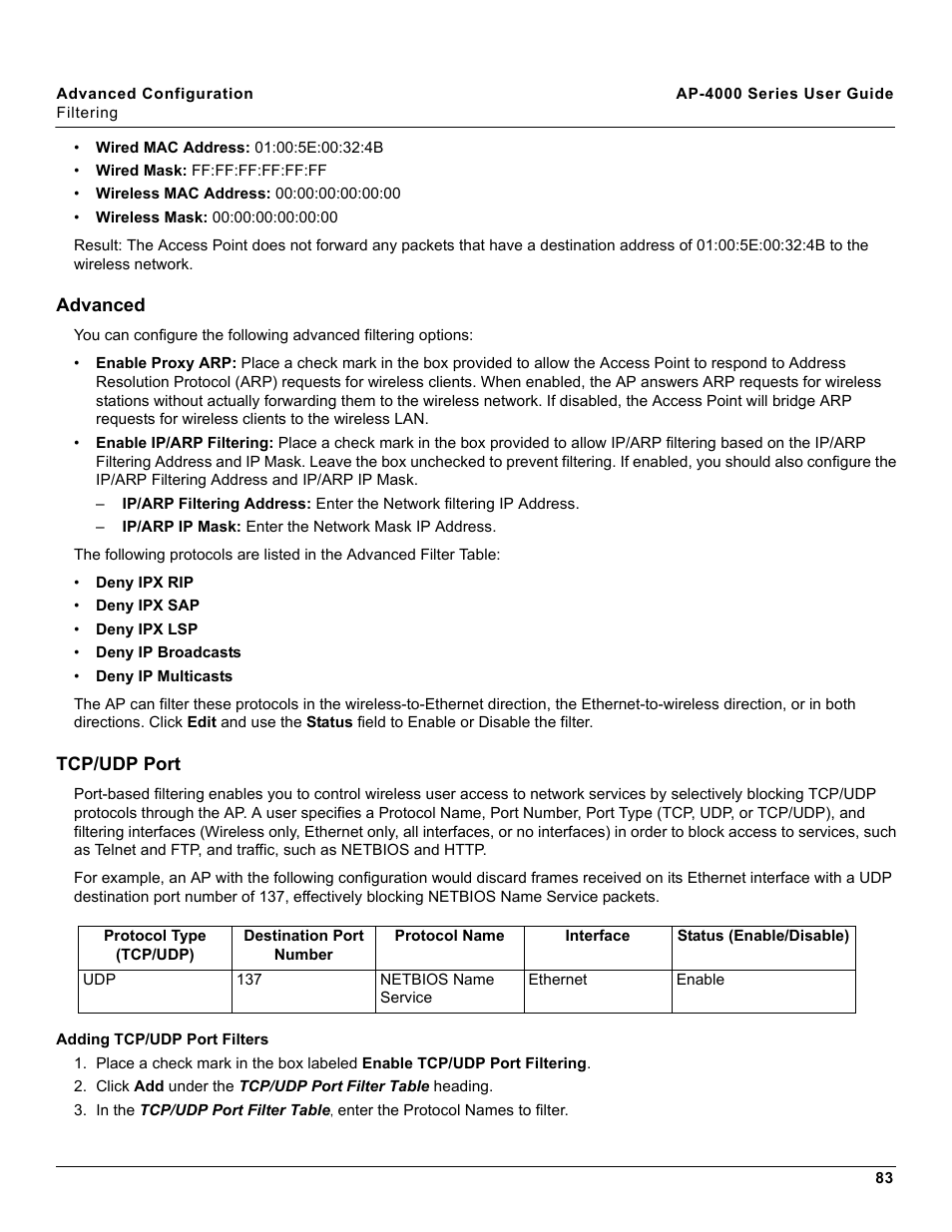 Advanced, Tcp/udp port, Adding tcp/udp port filters | Advanced tcp/udp port | Proxim AP-4000 User Manual | Page 83 / 235