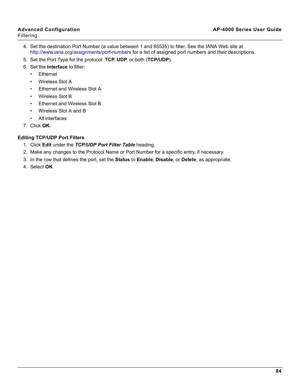 Editing tcp/udp port filters | Proxim AP-4000 User Manual | Page 84 / 235