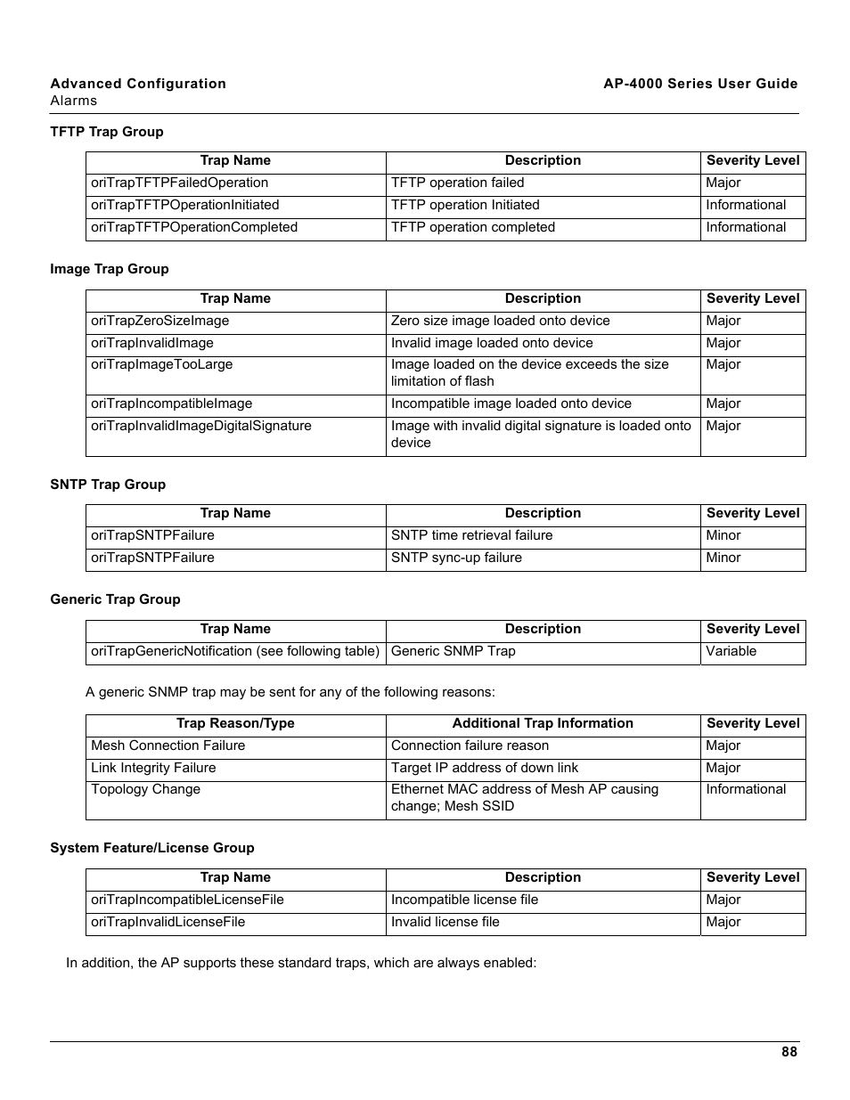 Tftp trap group, Image trap group, Sntp trap group | Generic trap group, System feature/license group | Proxim AP-4000 User Manual | Page 88 / 235