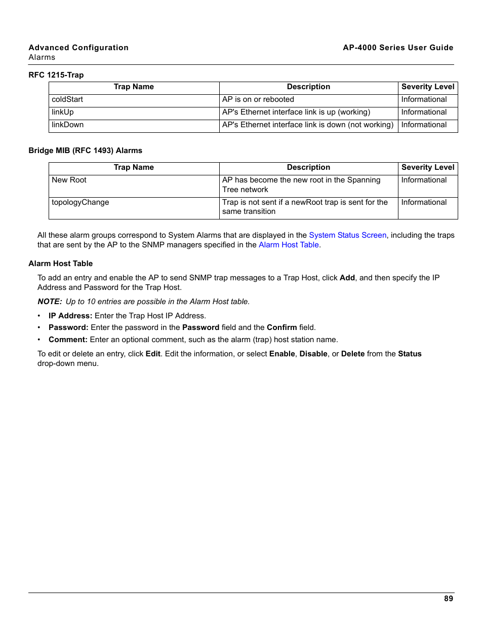 Rfc 1215-trap, Bridge mib (rfc 1493) alarms, Alarm host table | Proxim AP-4000 User Manual | Page 89 / 235