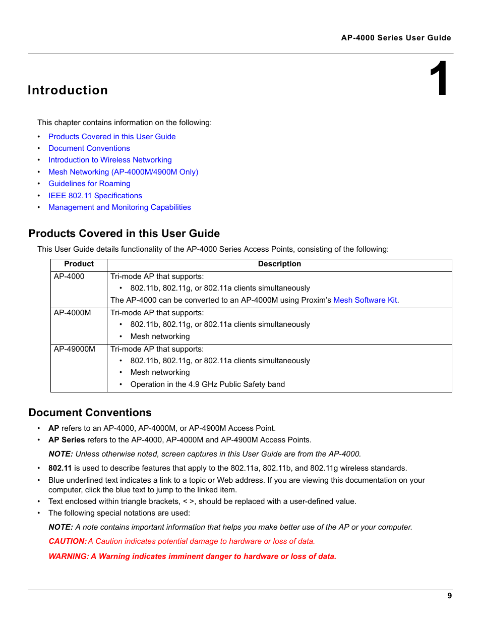 Introduction, Products covered in this user guide, Document conventions | 1 introduction | Proxim AP-4000 User Manual | Page 9 / 235