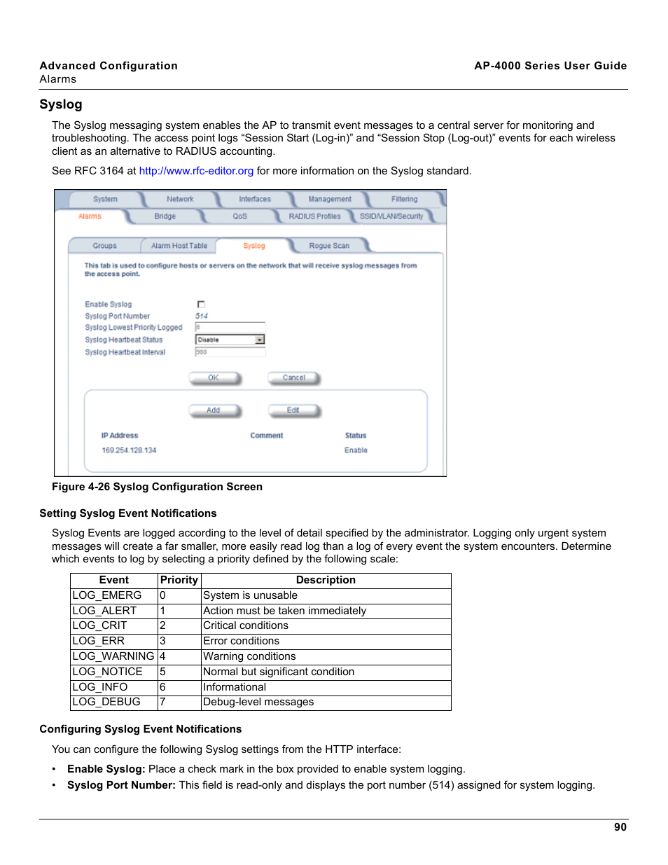 Syslog, Setting syslog event notifications, Configuring syslog event notifications | Proxim AP-4000 User Manual | Page 90 / 235