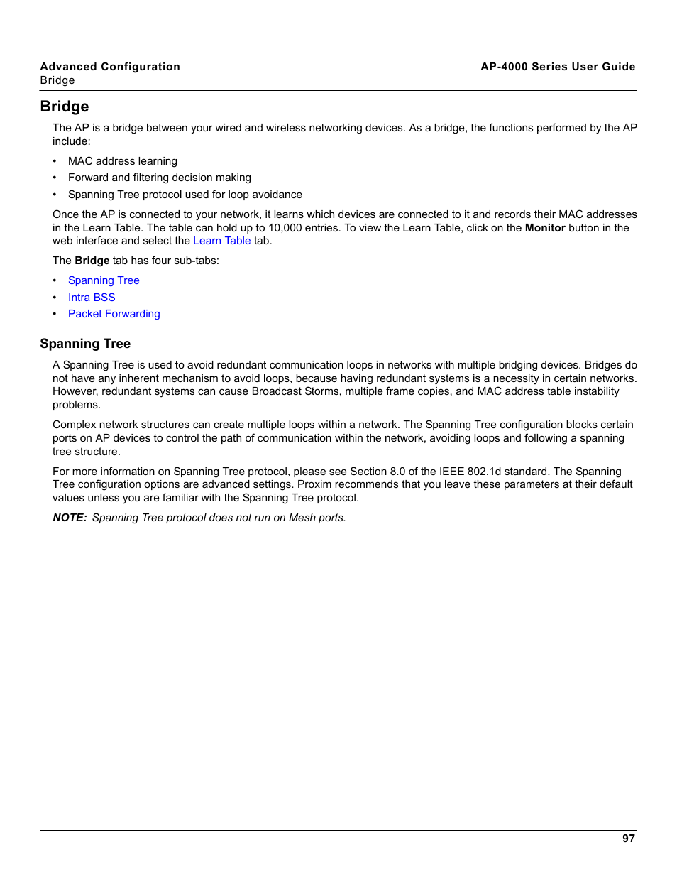 Bridge, Spanning tree | Proxim AP-4000 User Manual | Page 97 / 235