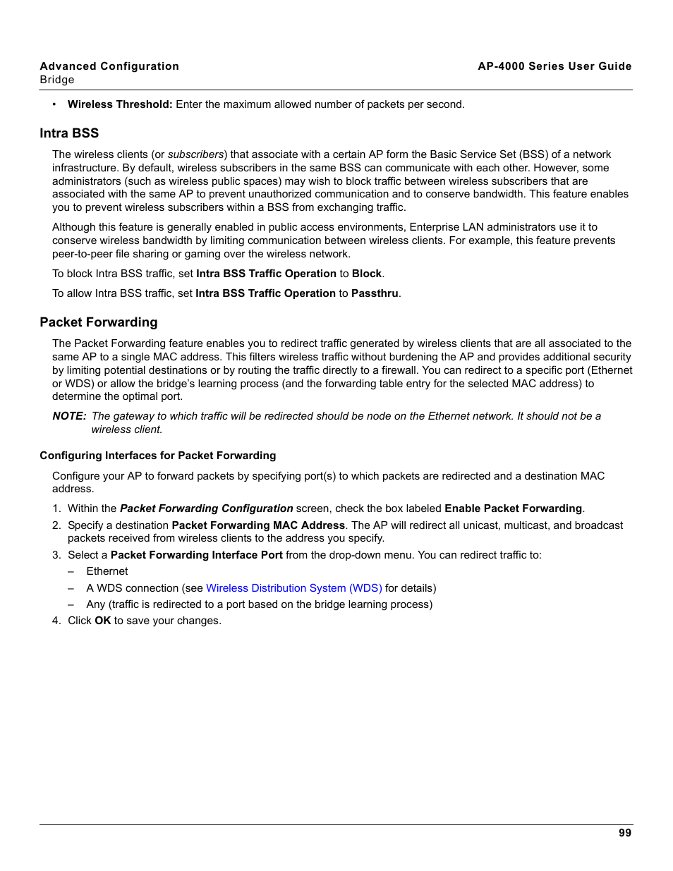 Intra bss, Packet forwarding, Configuring interfaces for packet forwarding | Intra bss packet forwarding | Proxim AP-4000 User Manual | Page 99 / 235