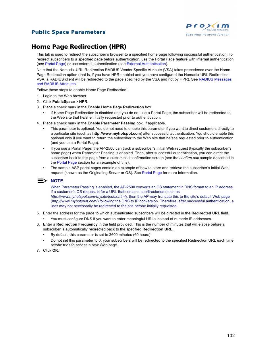 Home page redirection (hpr), Public space parameters | Proxim ORiNOCO AP-2500 User Manual | Page 102 / 250