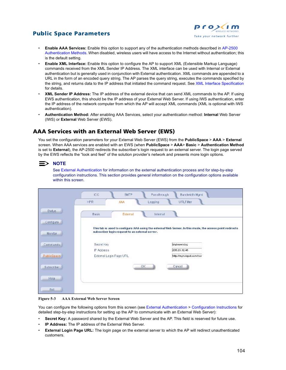 Aaa services with an external web server (ews), Public space parameters | Proxim ORiNOCO AP-2500 User Manual | Page 104 / 250