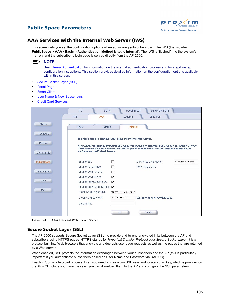 Aaa services with the internal web server (iws), Secure socket layer (ssl), Secure socket | Layer (ssl) | Proxim ORiNOCO AP-2500 User Manual | Page 105 / 250