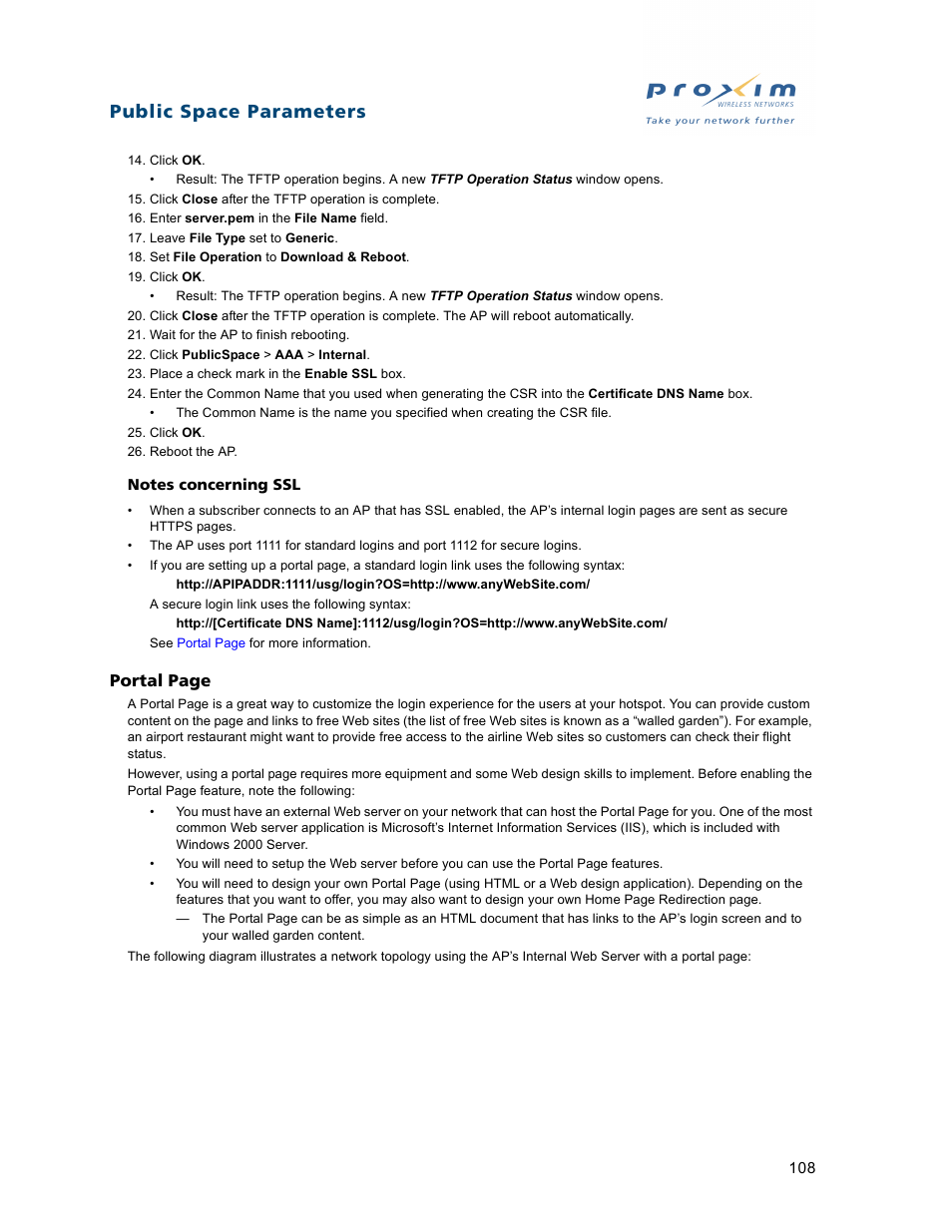 Public space parameters, Portal page | Proxim ORiNOCO AP-2500 User Manual | Page 108 / 250