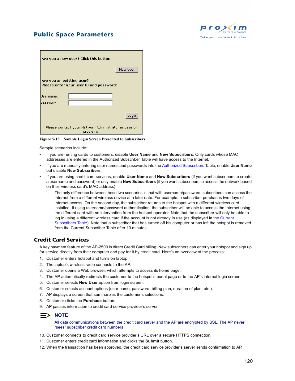 Credit card services, Public space parameters | Proxim ORiNOCO AP-2500 User Manual | Page 120 / 250