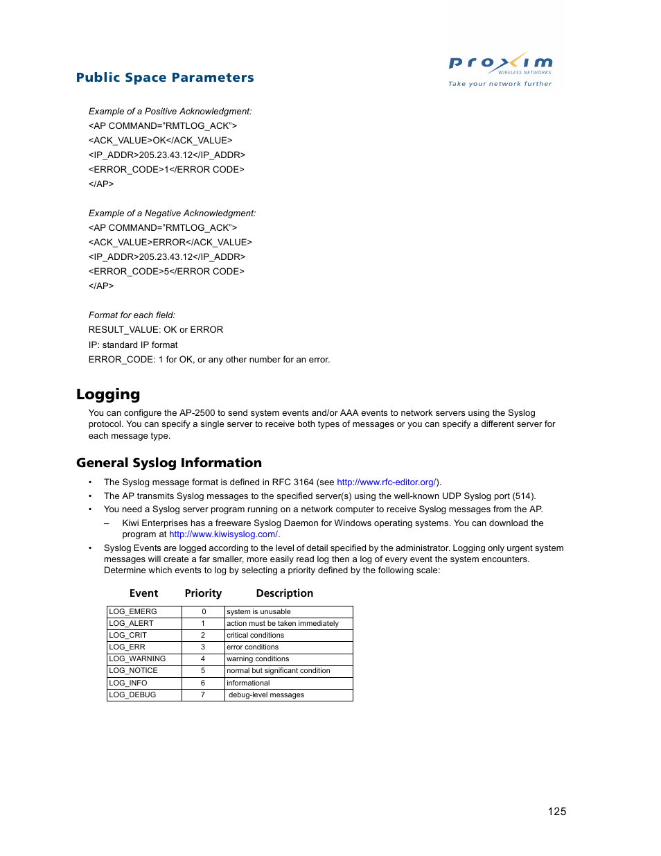 Logging, General syslog information, Public space parameters | Proxim ORiNOCO AP-2500 User Manual | Page 125 / 250