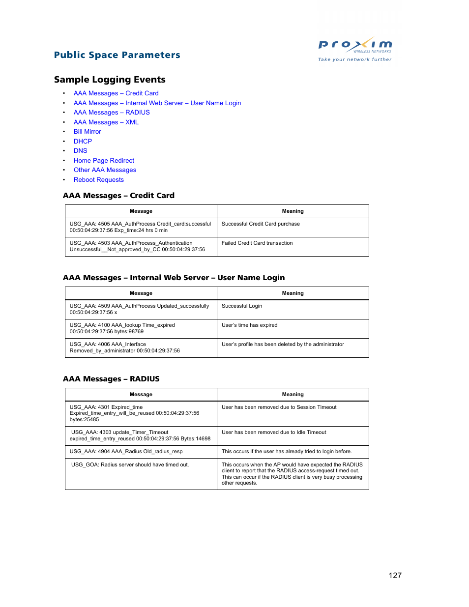 Sample logging events, Public space parameters sample logging events | Proxim ORiNOCO AP-2500 User Manual | Page 127 / 250