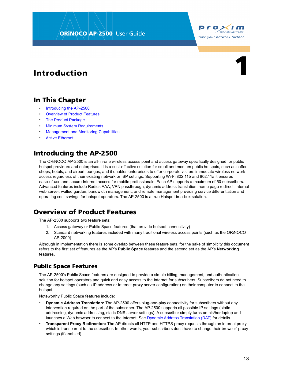 Introduction, Introducing the ap2500, Overview of product features | Public space features, 1 introduction, Introducing the ap-2500 | Proxim ORiNOCO AP-2500 User Manual | Page 13 / 250