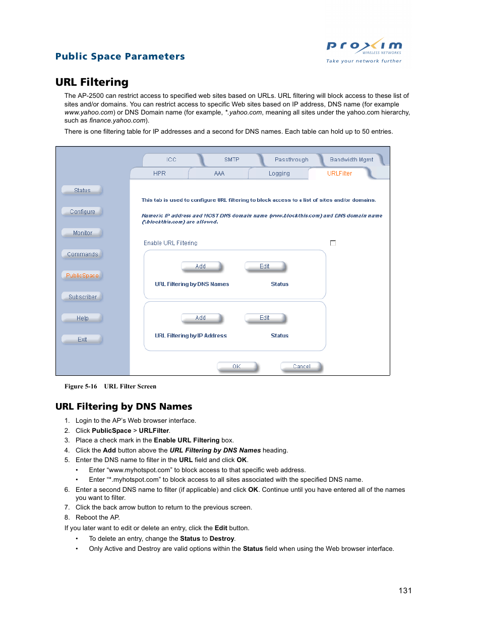 Url filtering, Url filtering by dns names, Public space parameters | Proxim ORiNOCO AP-2500 User Manual | Page 131 / 250