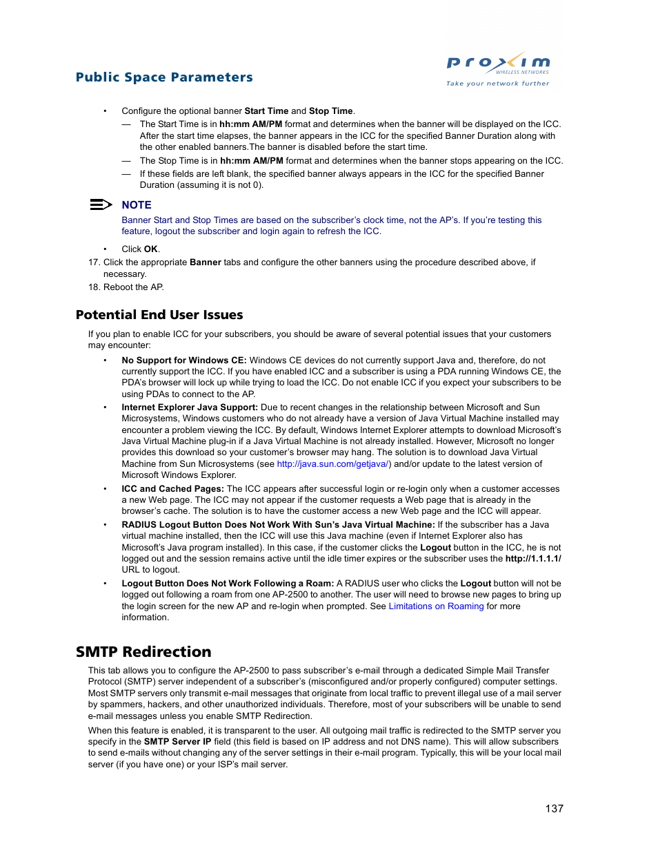 Potential end user issues, Smtp redirection, Public space parameters | Proxim ORiNOCO AP-2500 User Manual | Page 137 / 250