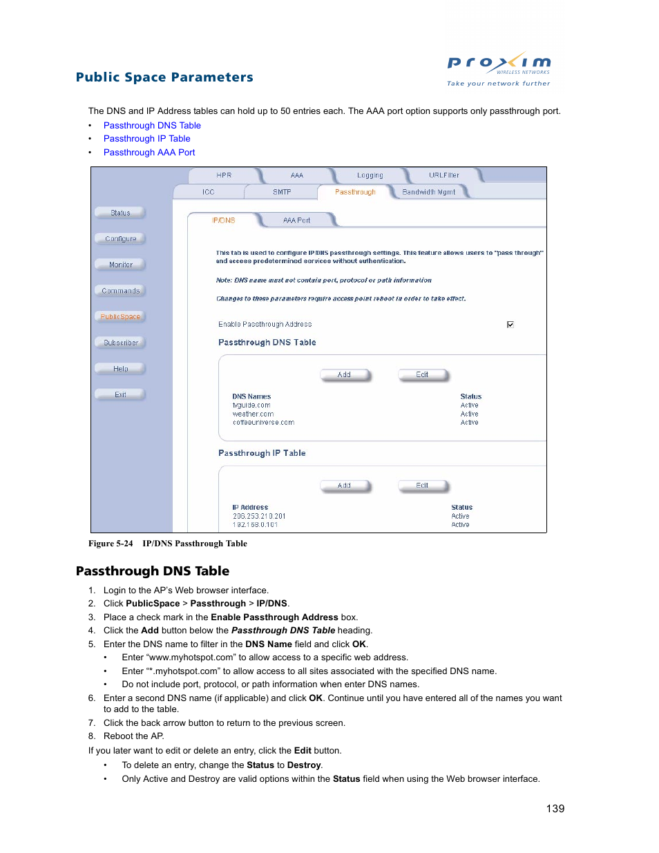 Passthrough dns table, Public space parameters | Proxim ORiNOCO AP-2500 User Manual | Page 139 / 250