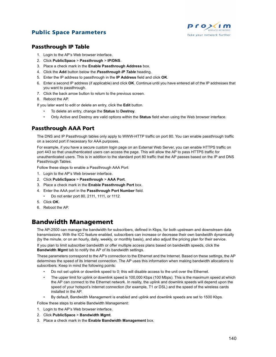 Passthrough ip table, Passthrough aaa port, Bandwidth management | Passthrough ip table passthrough aaa port, Public space parameters passthrough ip table | Proxim ORiNOCO AP-2500 User Manual | Page 140 / 250