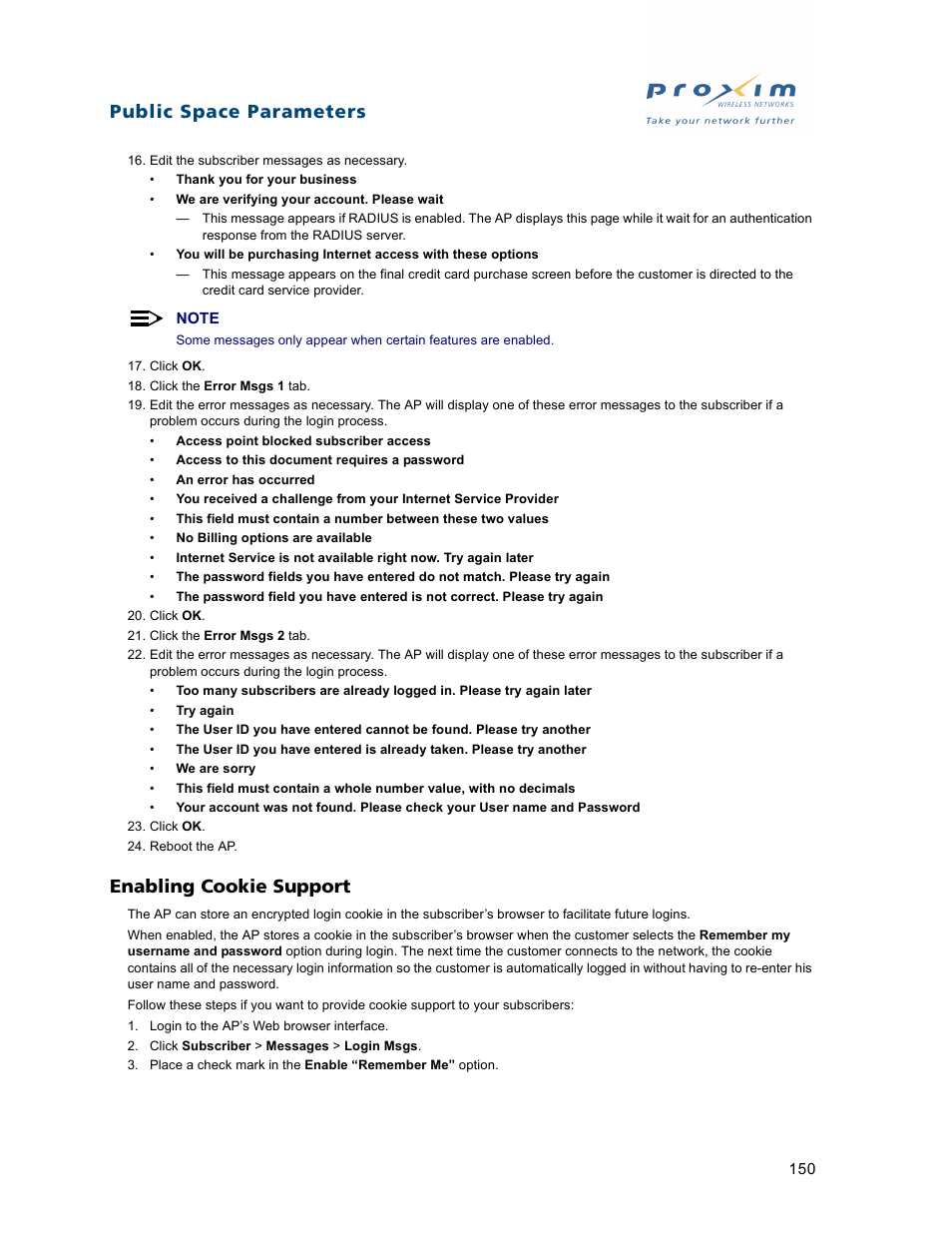 Enabling cookie support, Public space parameters | Proxim ORiNOCO AP-2500 User Manual | Page 150 / 250