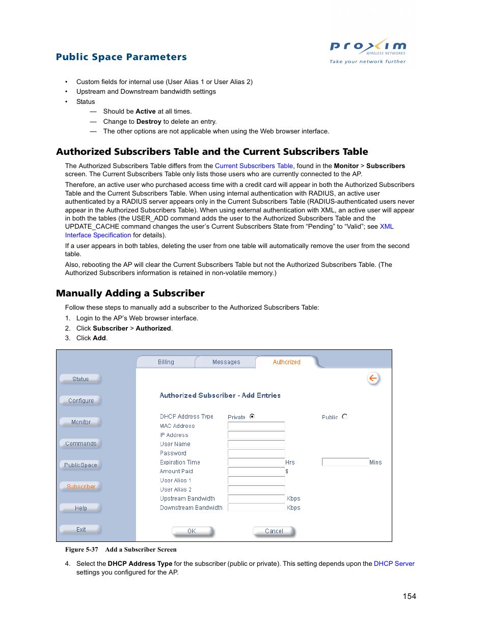Manually adding a subscriber, Public space parameters | Proxim ORiNOCO AP-2500 User Manual | Page 154 / 250