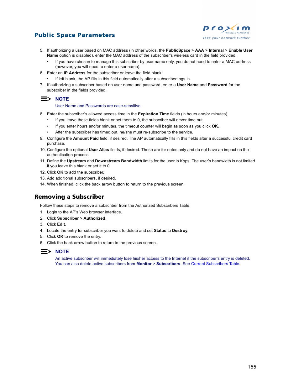 Removing a subscriber, Public space parameters | Proxim ORiNOCO AP-2500 User Manual | Page 155 / 250