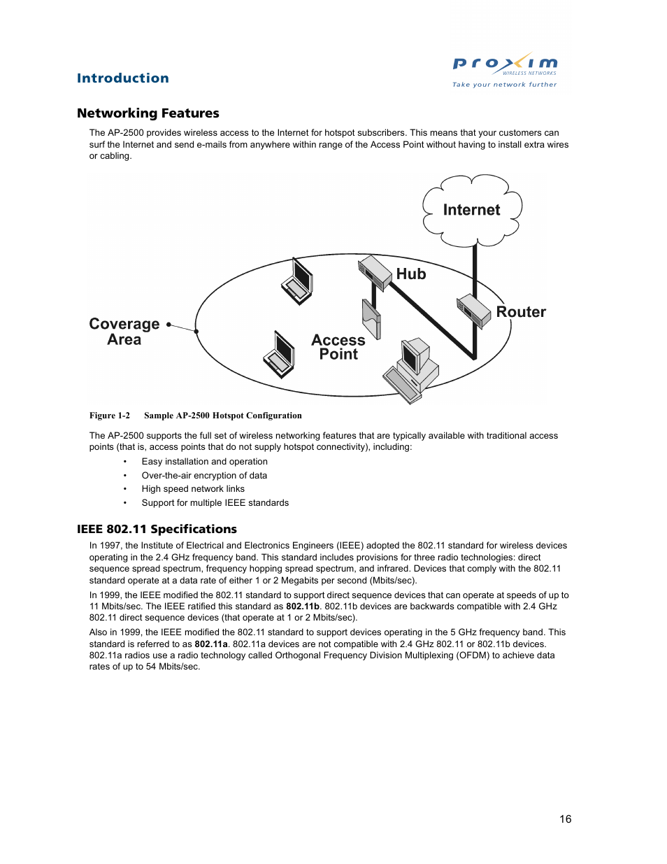 Networking features, Ieee 802.11 specifications, Introduction networking features | Proxim ORiNOCO AP-2500 User Manual | Page 16 / 250