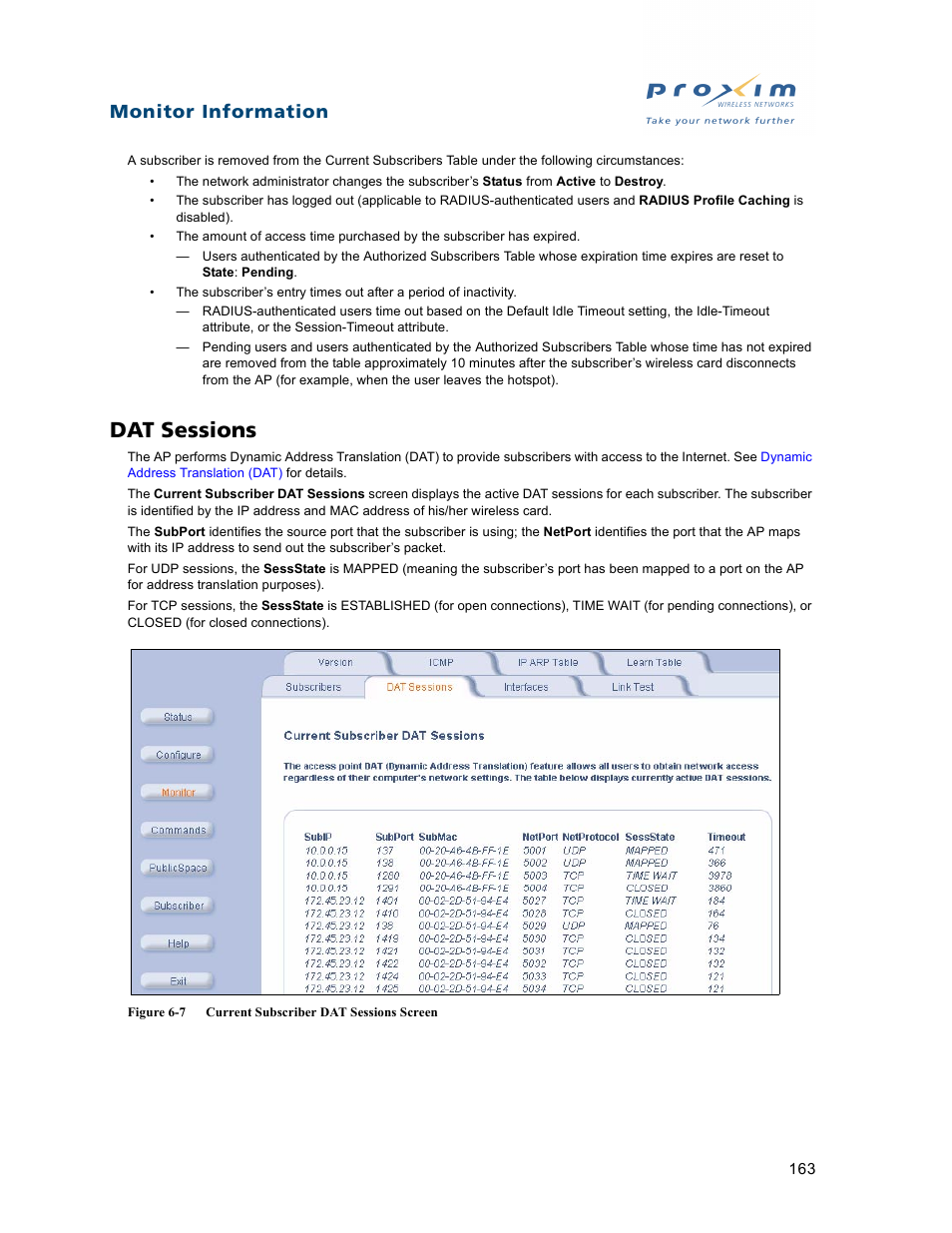 Dat sessions, Monitor information | Proxim ORiNOCO AP-2500 User Manual | Page 163 / 250