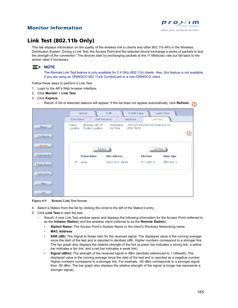 Link test (802.11b only), Monitor information | Proxim ORiNOCO AP-2500 User Manual | Page 165 / 250