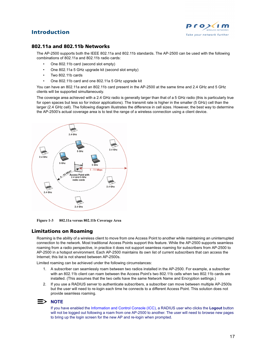 11a and 802.11b networks limitations on roaming, Introduction | Proxim ORiNOCO AP-2500 User Manual | Page 17 / 250