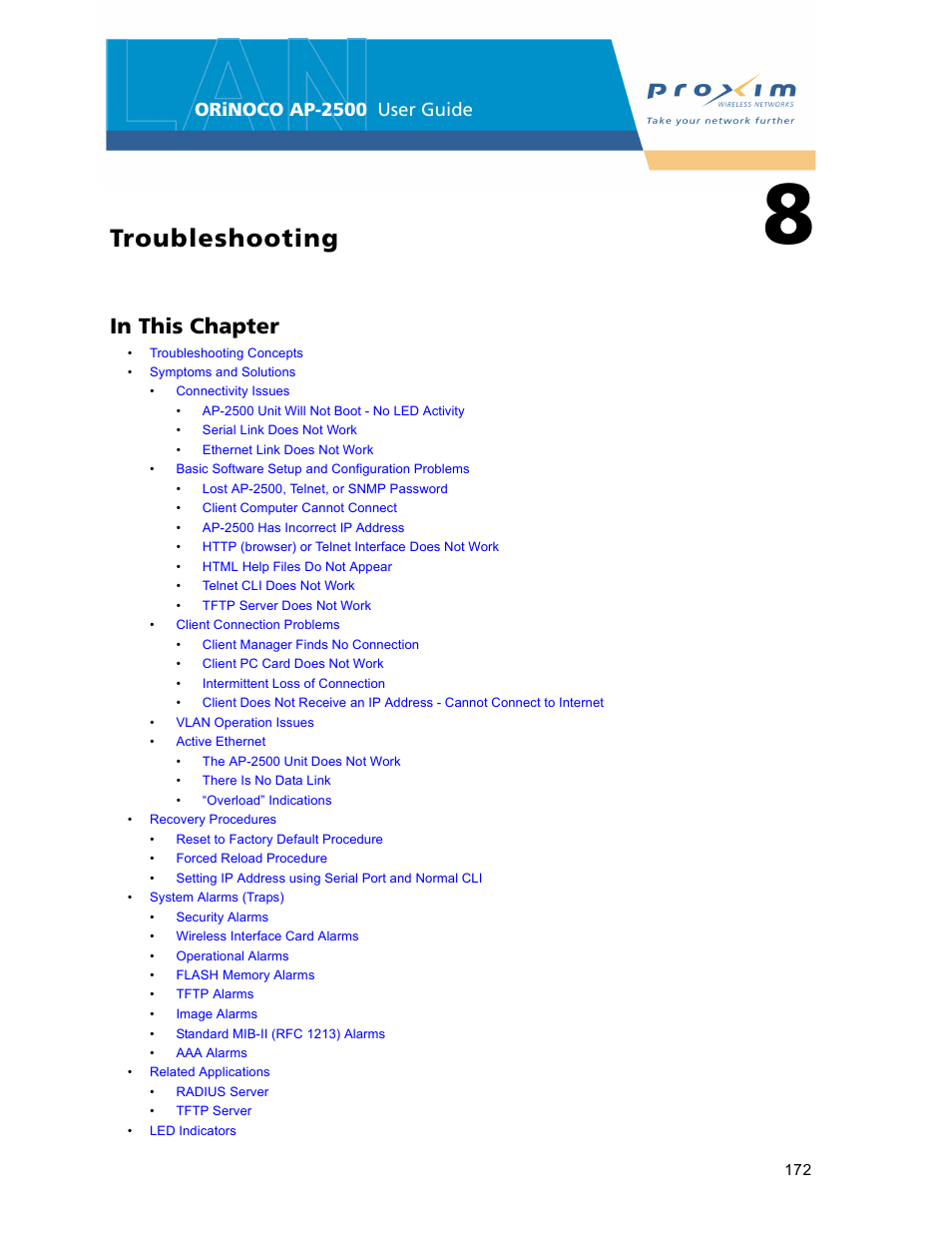 Troubleshooting, 8 troubleshooting, Orinoco ap-2500 user guide | Proxim ORiNOCO AP-2500 User Manual | Page 172 / 250