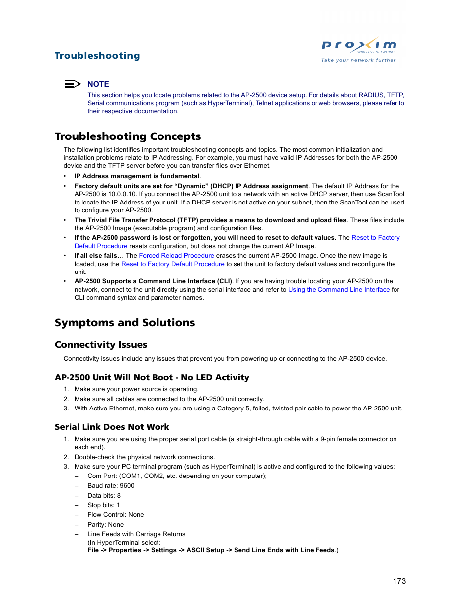 Troubleshooting concepts, Symptoms and solutions, Connectivity issues | Troubleshooting concepts symptoms and solutions, Ap-2500 unit will not boot - no led activity, Serial link does not work, Troubleshooting | Proxim ORiNOCO AP-2500 User Manual | Page 173 / 250