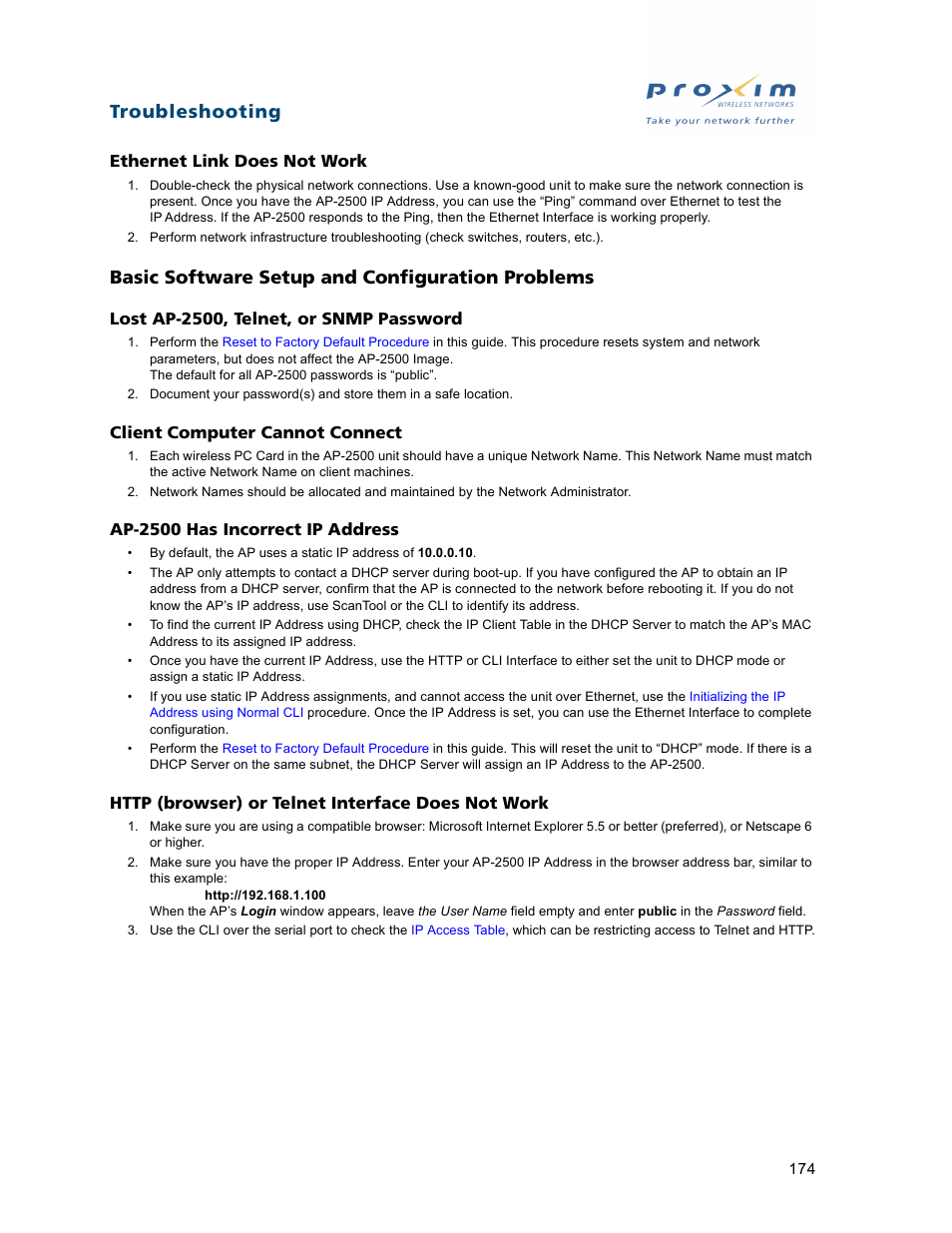 Basic software setup and configuration problems, Ethernet link does not work, Lost ap-2500, telnet, or snmp password | Client computer cannot connect, Ap-2500 has incorrect ip address, Http (browser) or telnet interface does not work, Troubleshooting | Proxim ORiNOCO AP-2500 User Manual | Page 174 / 250