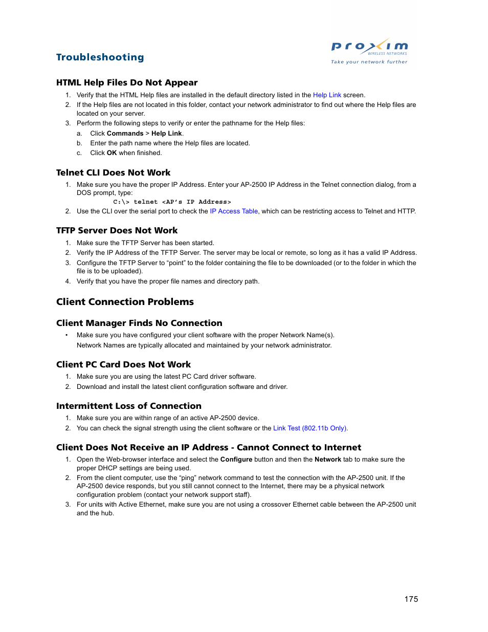 Client connection problems, Html help files do not appear, Telnet cli does not work | Tftp server does not work, Client manager finds no connection, Client pc card does not work, Intermittent loss of connection, Troubleshooting | Proxim ORiNOCO AP-2500 User Manual | Page 175 / 250