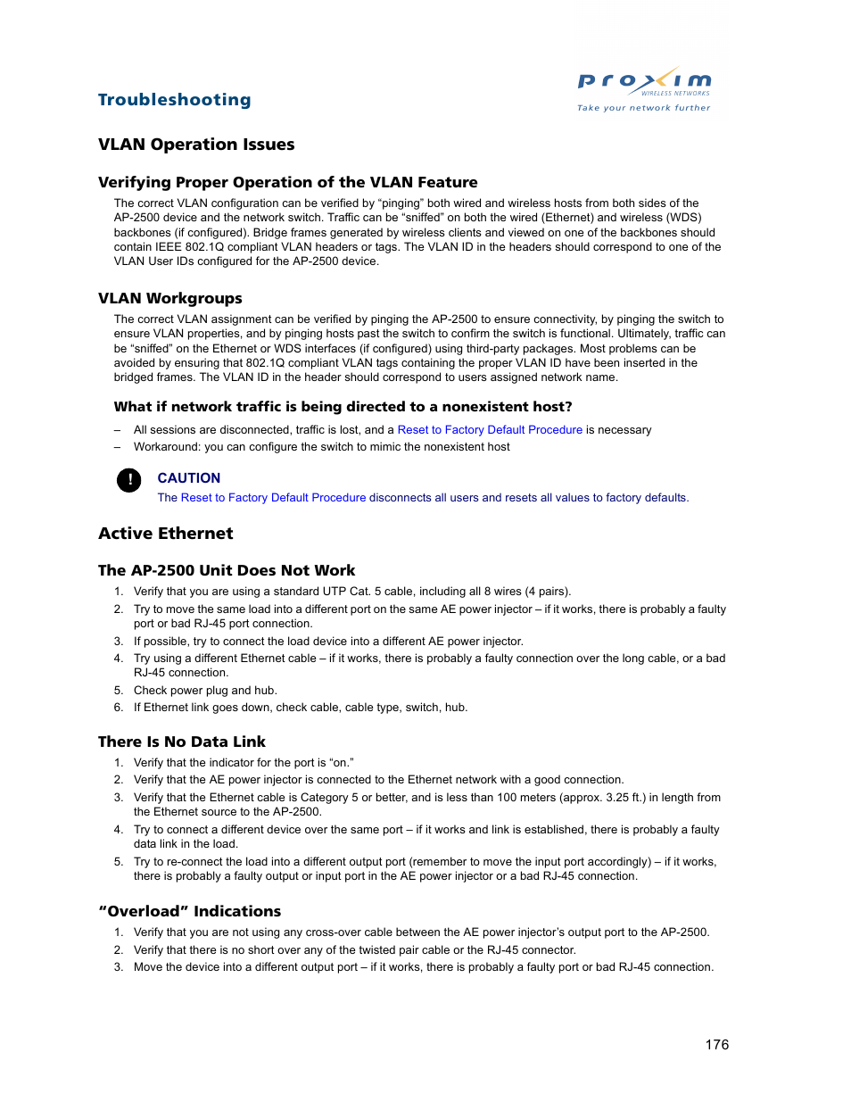 Vlan operation issues, Active ethernet, The ap-2500 unit does not work | There is no data link, Overload” indications, Troubleshooting vlan operation issues | Proxim ORiNOCO AP-2500 User Manual | Page 176 / 250