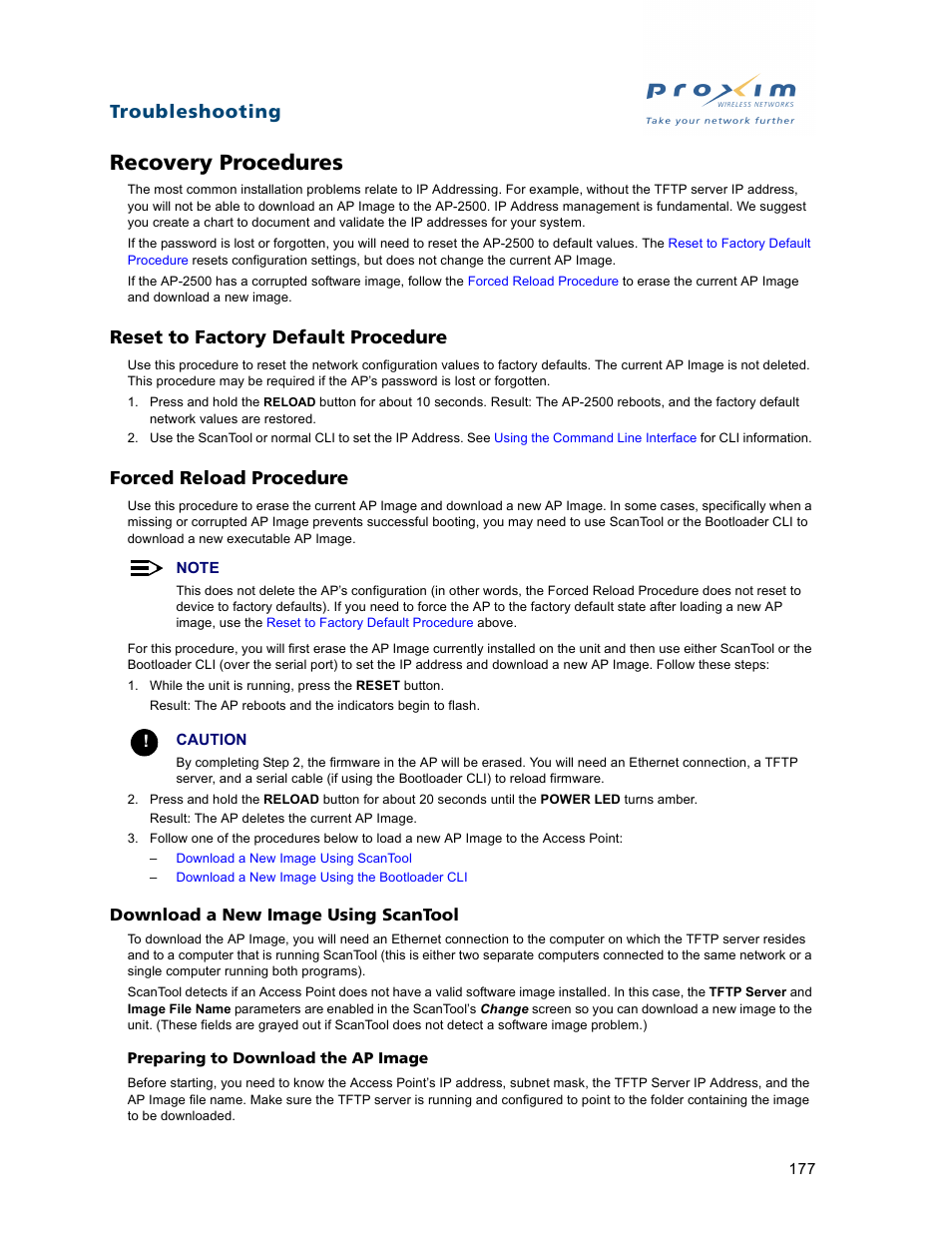 Recovery procedures, Reset to factory default procedure, Forced reload procedure | Download a new image using scantool, Reset to factory, Default procedure, Troubleshooting | Proxim ORiNOCO AP-2500 User Manual | Page 177 / 250