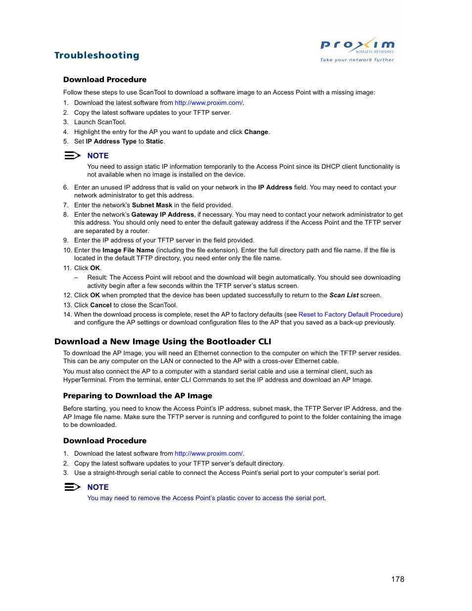 Download a new image using the bootloader cli, Troubleshooting | Proxim ORiNOCO AP-2500 User Manual | Page 178 / 250