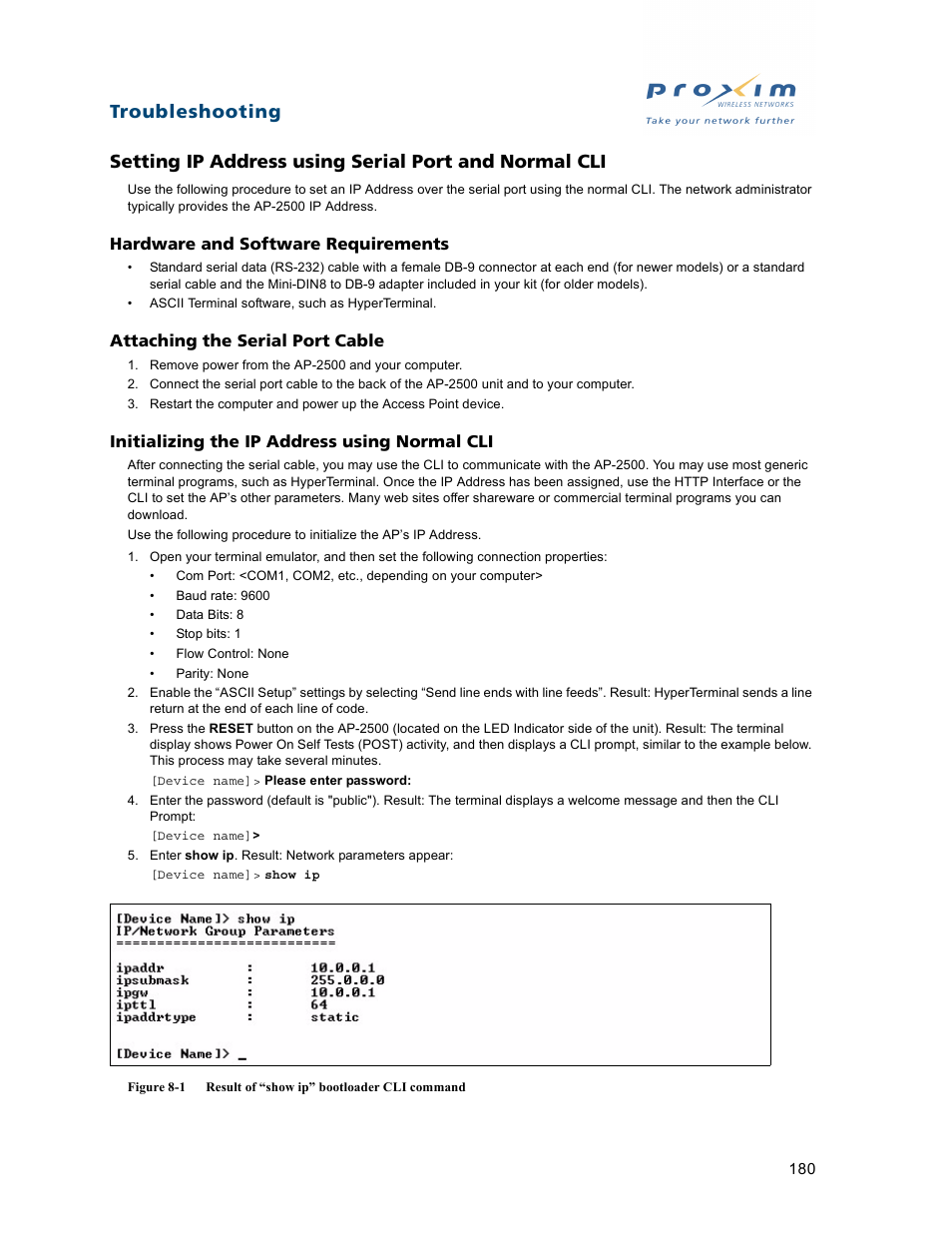 Setting ip address, Using serial port and normal cli, Initializing the ip | Address using normal cli | Proxim ORiNOCO AP-2500 User Manual | Page 180 / 250