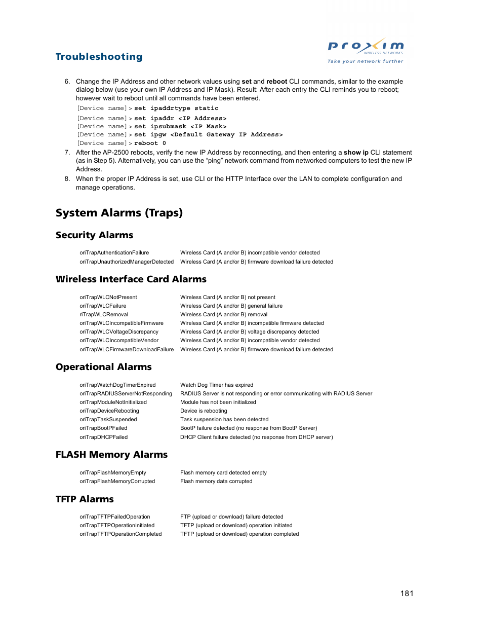 System alarms (traps), Security alarms, Wireless interface card alarms | Operational alarms, Flash memory alarms, Tftp alarms, Troubleshooting | Proxim ORiNOCO AP-2500 User Manual | Page 181 / 250