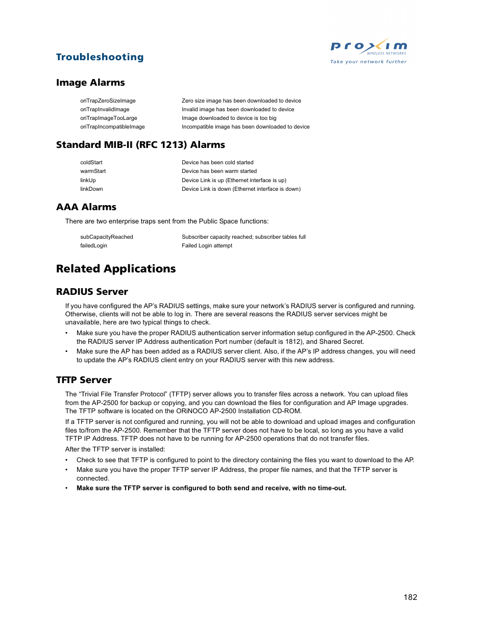 Image alarms, Standard mib-ii (rfc 1213) alarms, Aaa alarms | Related applications, Radius server, Tftp server, Radius server tftp server | Proxim ORiNOCO AP-2500 User Manual | Page 182 / 250