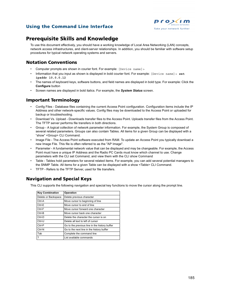 Prerequisite skills and knowledge, Notation conventions, Important terminology | Navigation and special keys, Using the command line interface | Proxim ORiNOCO AP-2500 User Manual | Page 185 / 250